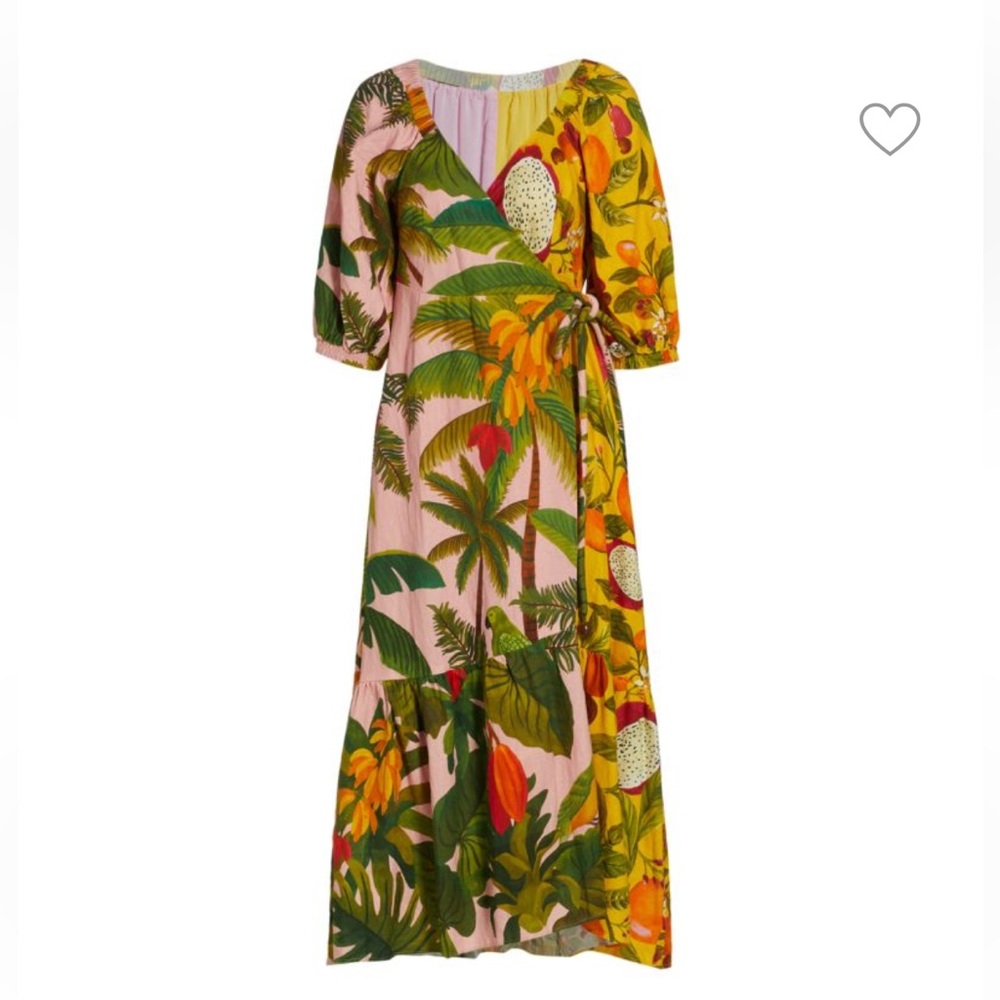 FARM Rio Pink & Yellow Tropical Wrap Midi Dress